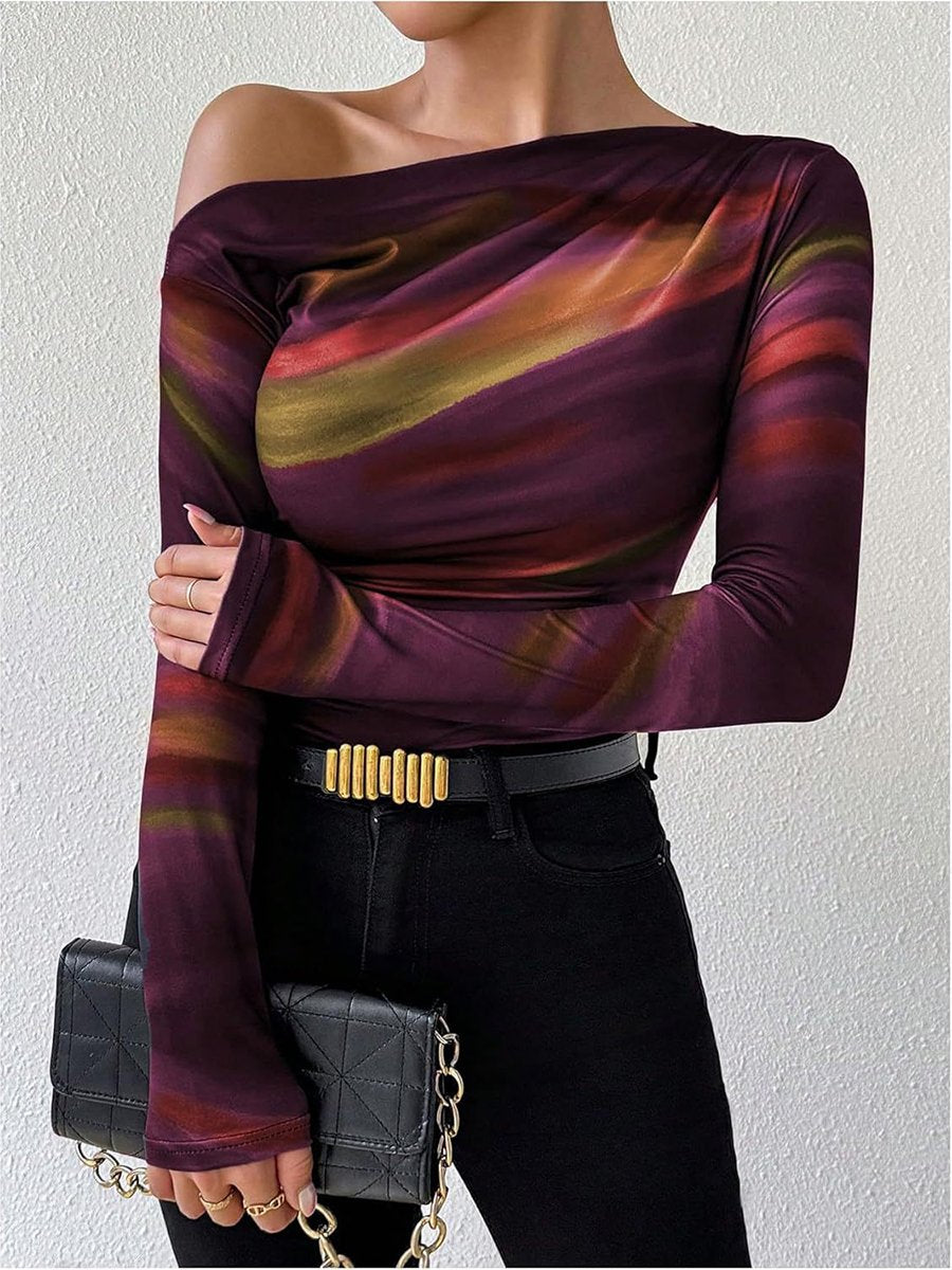 Fashion Tie-Dye Print Asymmetric Ruffle Long Sleeve T-Shirt