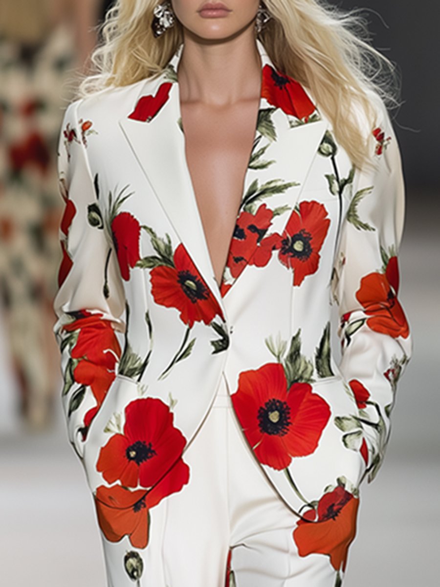 Fashionable And Elegant Poppy Print Lapel Set