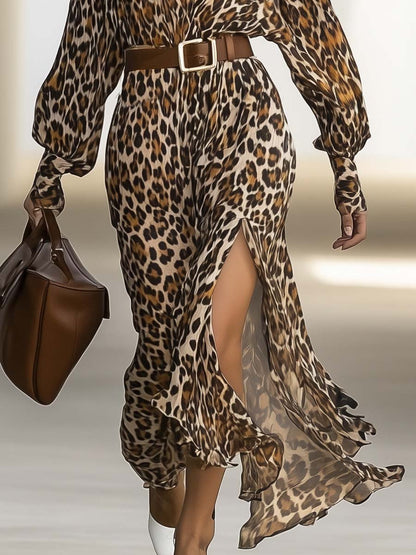 Elegant Personality V-neck Belt Leopard Print Chiffon Maxi Dress