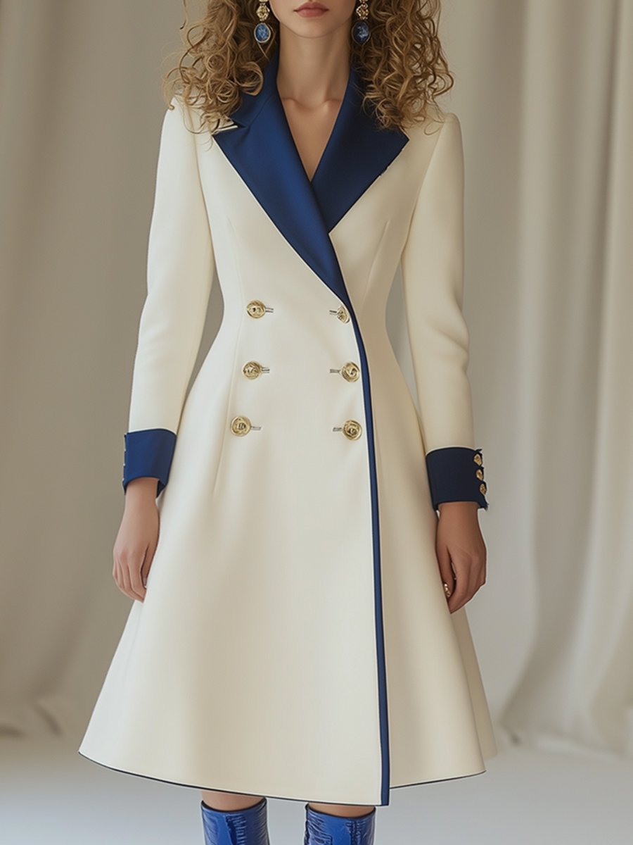 High-End Temperament Fashionable And Elegant Blue And White Contrast Lapel Dress