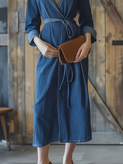 Lapel Casual Loose Belted Denim Long Sleeve Shirt Midi Dress