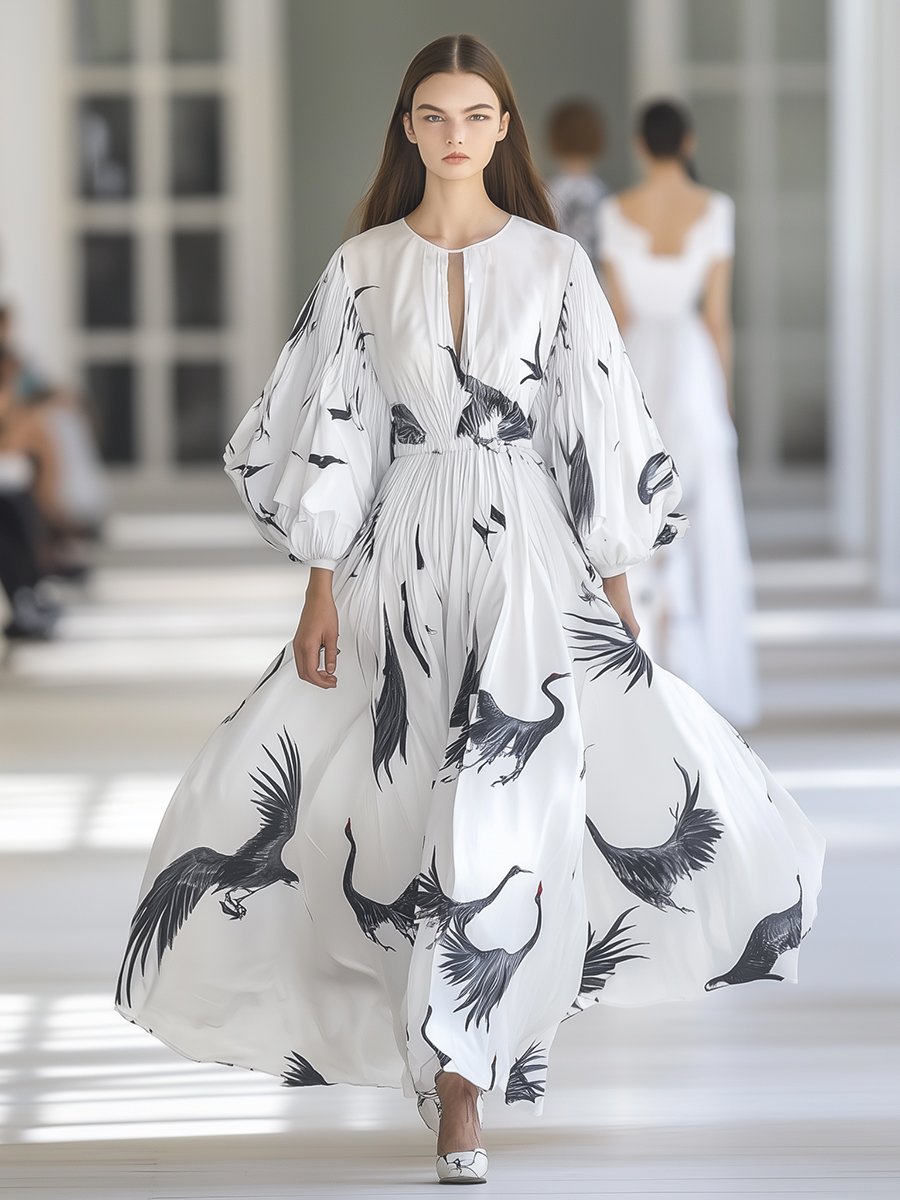 Casual and Fashionable Crane Print Lantern Sleeve White Maxi Dress