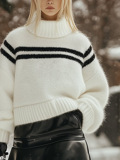 Fashion Loose Casual High Neck Striped Mohair Sweater