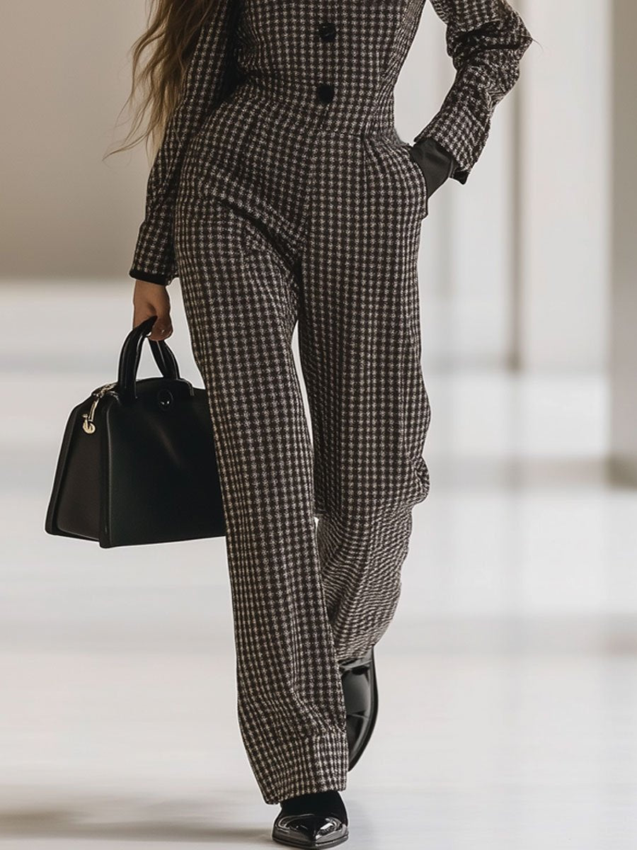 Casual Loose Retro Wool Houndstooth Long Sleeve Jumpsuit