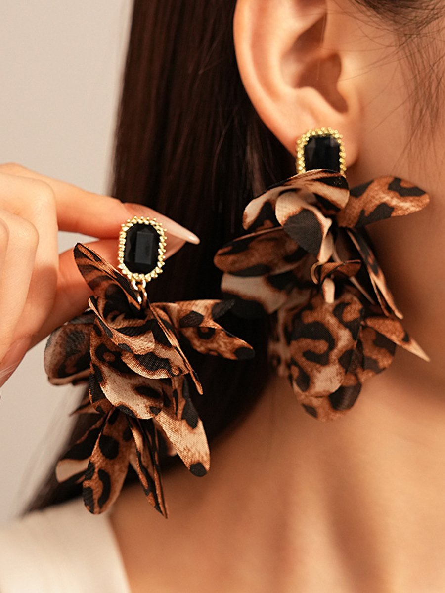 Vintage Fabric Leopard Print Geometric Petal Steel Needle Earrings