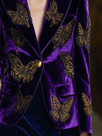 Casual Loose Retro Purple Velvet Gold Butterfly Print Blazer