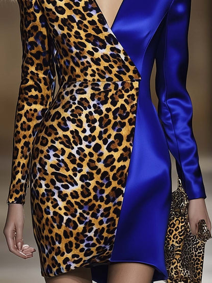 Elegant V-neck Brown Leopard Print Royal Blue Contrast Mini Dress