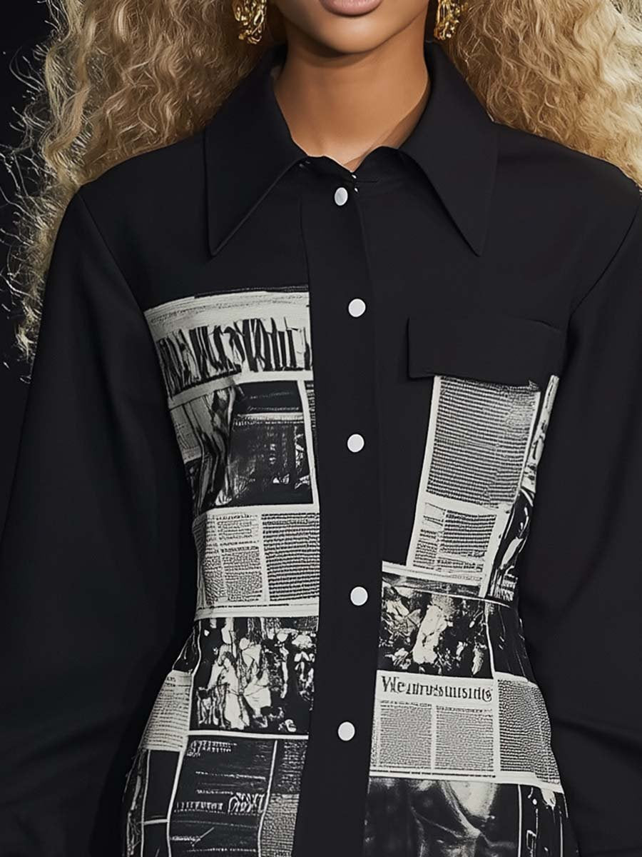 Fashion Deconstruction Black and White Newspaper Print Shirt-style Mini Dress