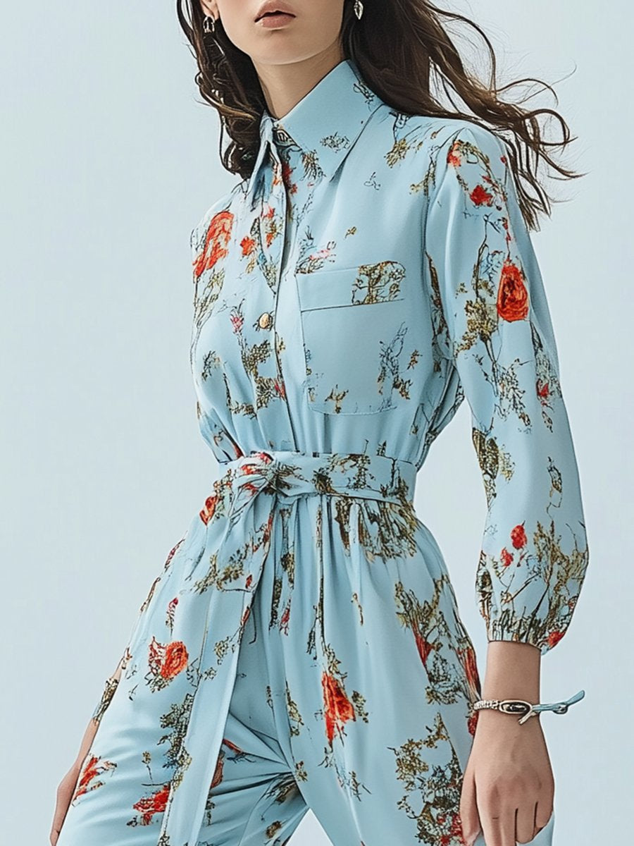 Fashionable Casual Loose Blue Printed Shirt Long-sleeved Jumpsuit