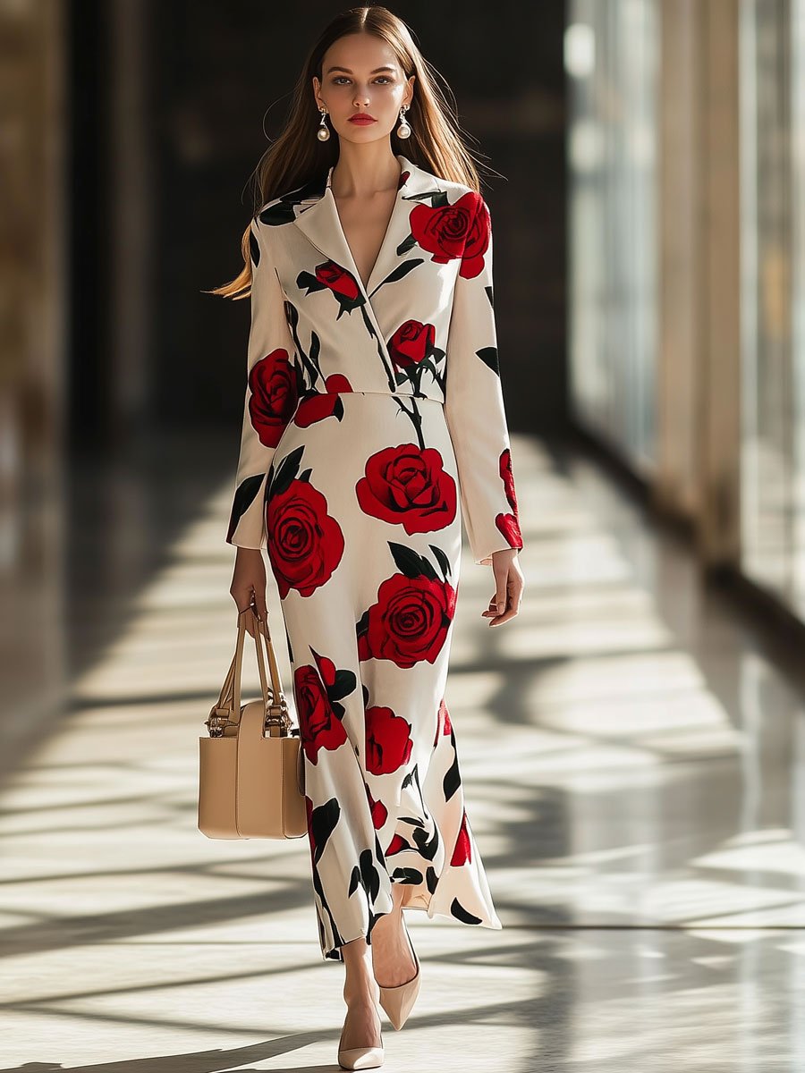 Fashion Vintage Velvet Rose Print Lapel Long Sleeve Maxi Dress