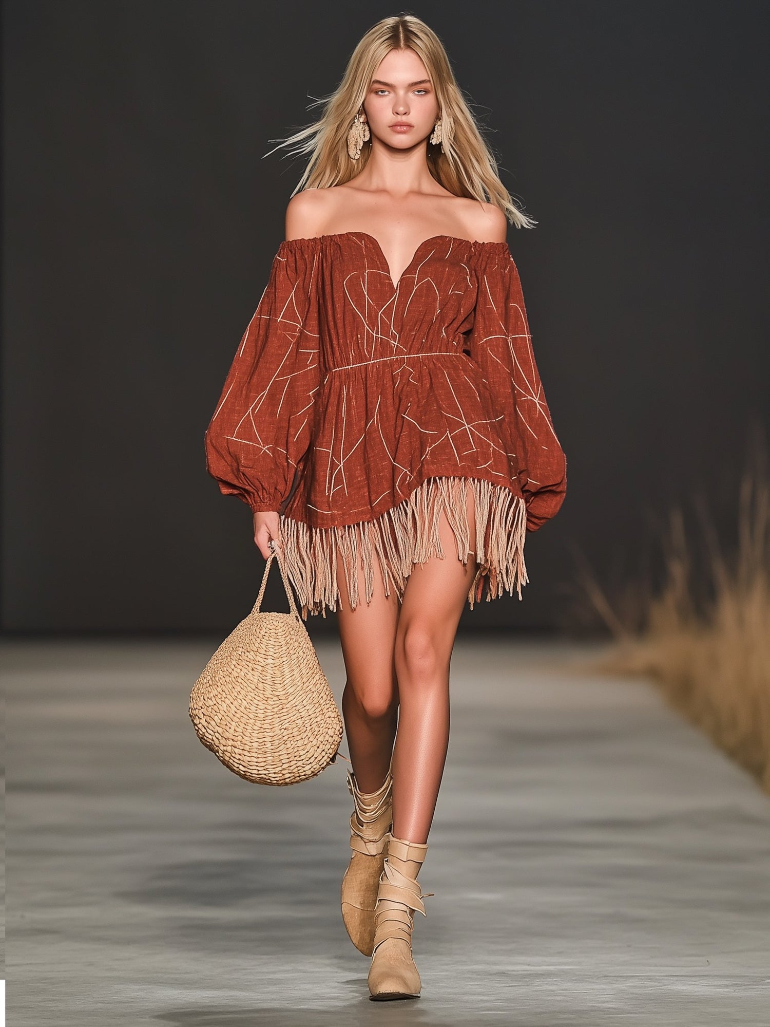 Off-The-Shoulder Fringed Long-Sleeved Holiday Mini Dress