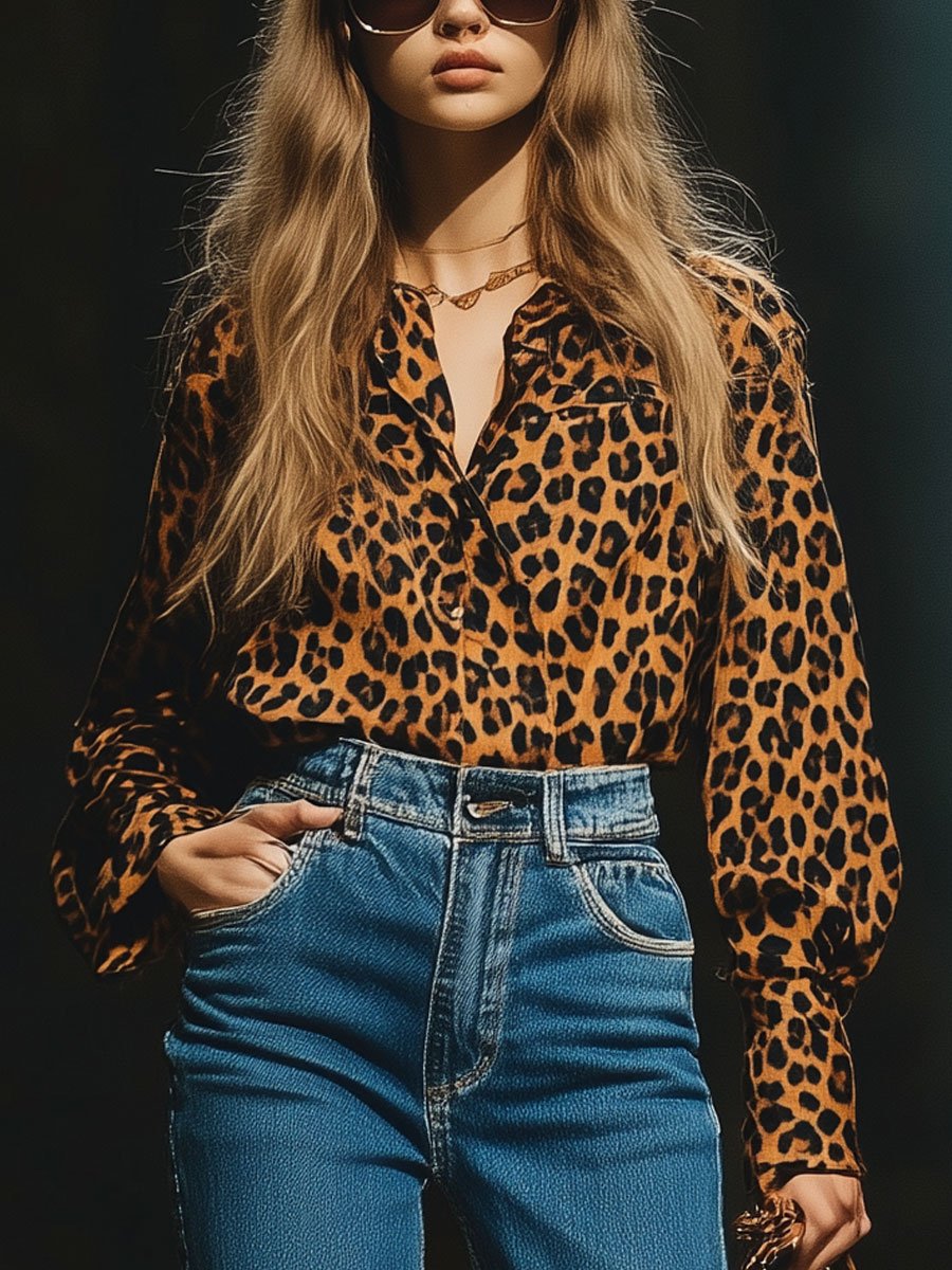 【24-hour shipping】Casual Loose Vintage Velvet Leopard Print Long Sleeve Blouse