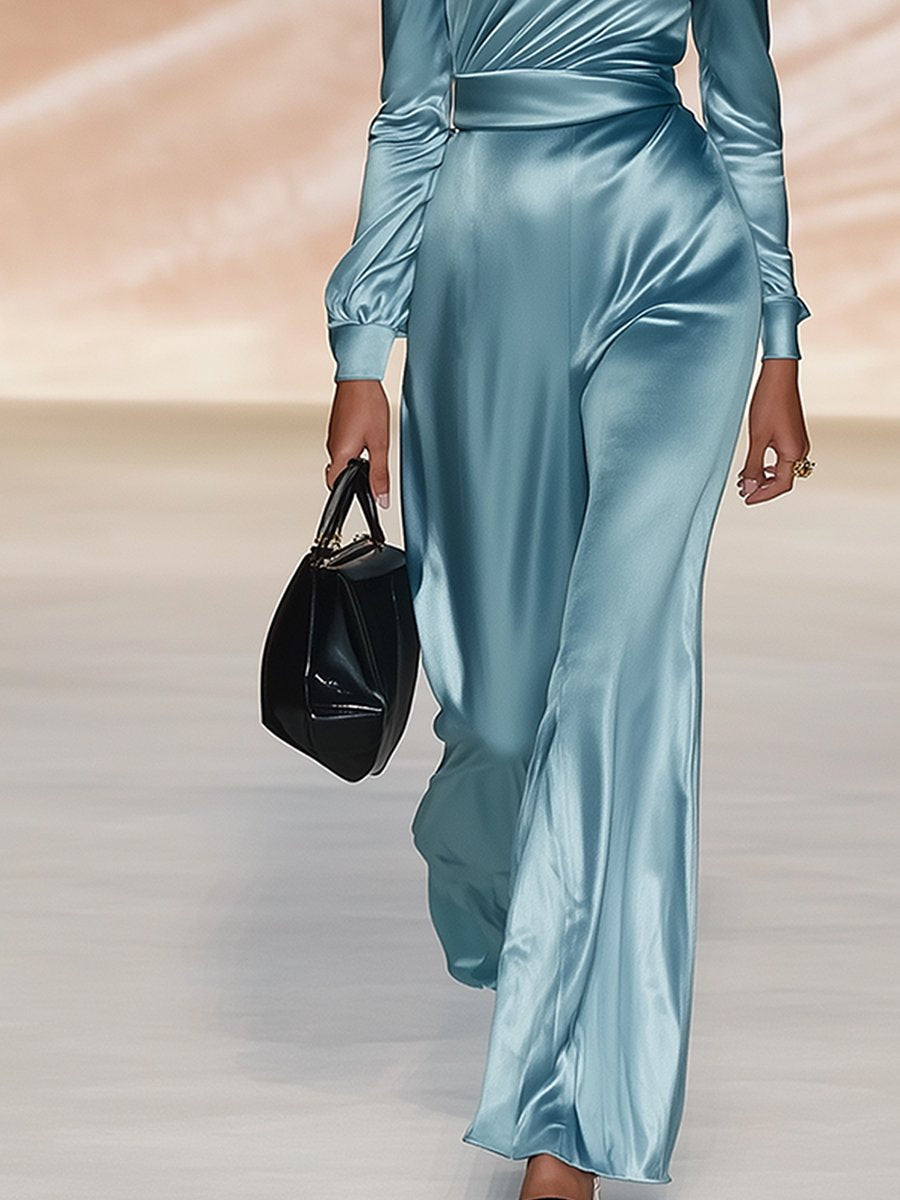 Elegant Haze Blue Off-the-shoulder Satin Long-sleeved Jumpsuit