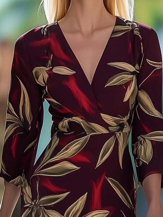 Vintage Elegant Print Burgundy V-Neck Midi Dress