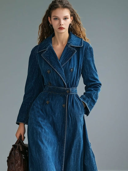 Casual Loose Retro Lapel Tie Double-Breasted Denim Trench Coat