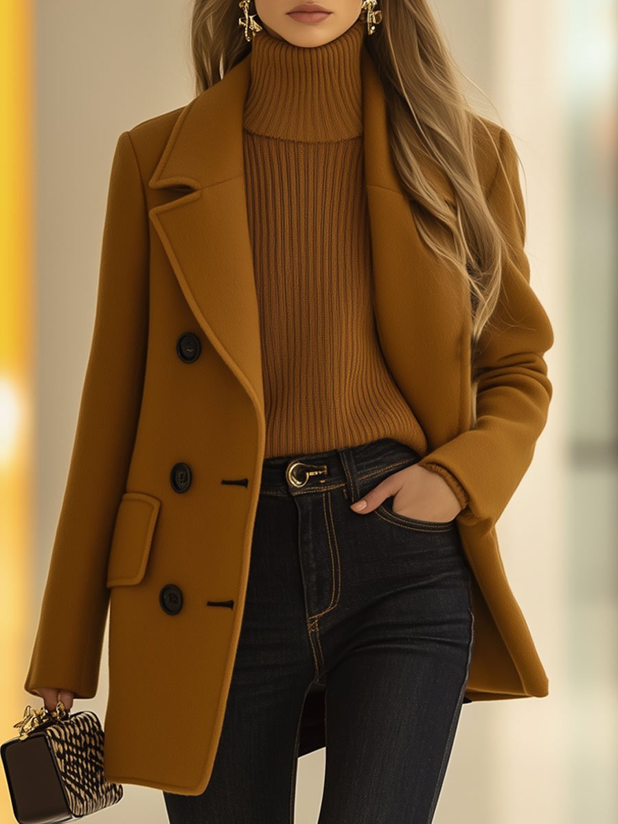 Casual Loose Retro Camel Wool Double-Breasted Mid-Length Coat