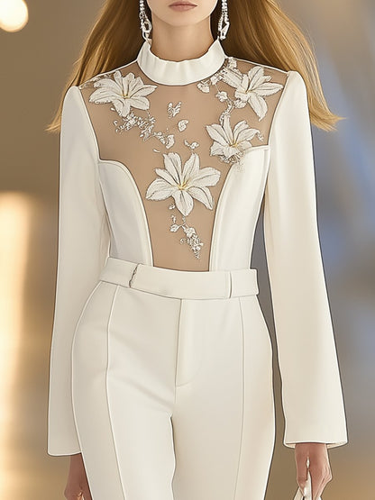 Elegant and Fashionable White See-through Collar Long-sleeved Embroidered Jumpsuit