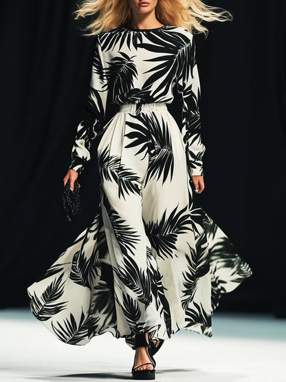 Retro Elegant Fashion Coconut Tree Print Wide Leg Jumpsuit