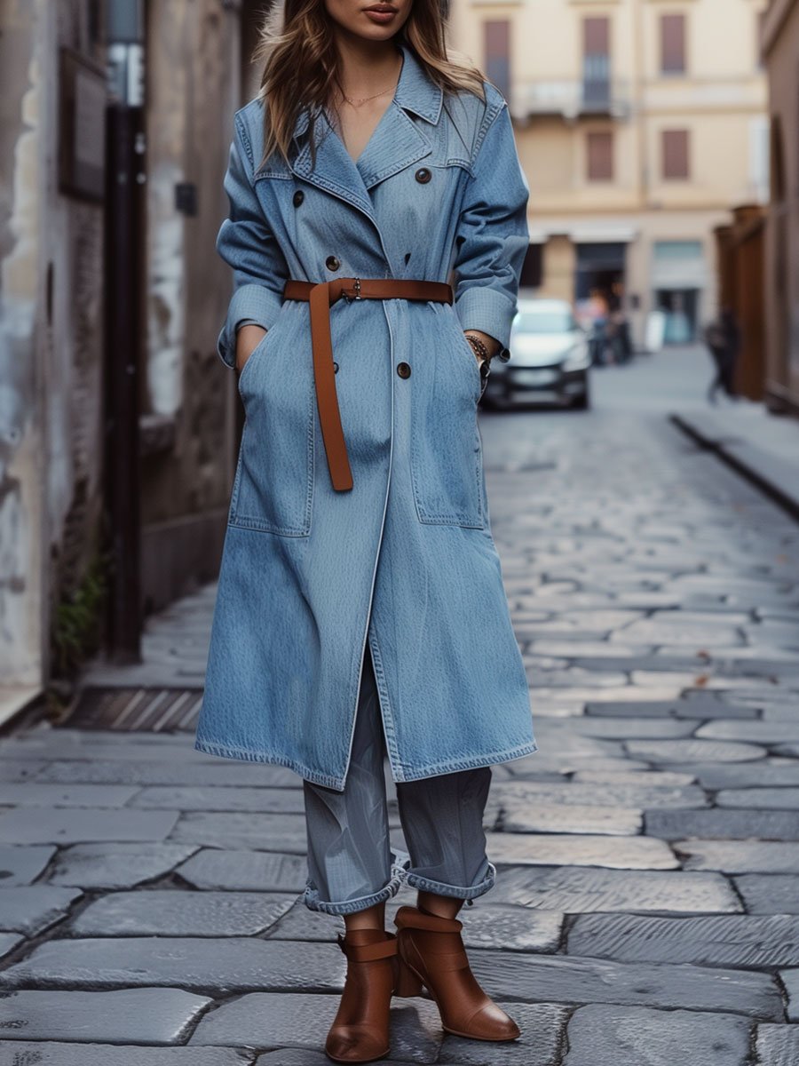 Casual Loose Retro Double-Breasted Large Pocket Denim Trench Coat