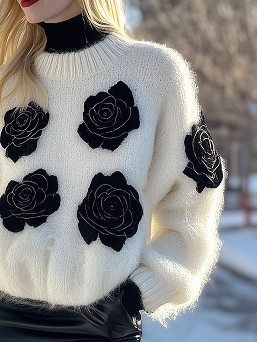 Fashion Loose Casual  Rose Decorated Mohair Sweater