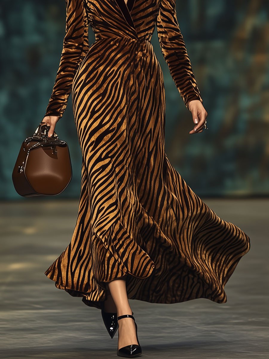 Fashion Retro Velvet Zebra Print V-Neck Long Sleeve Maxi Dress