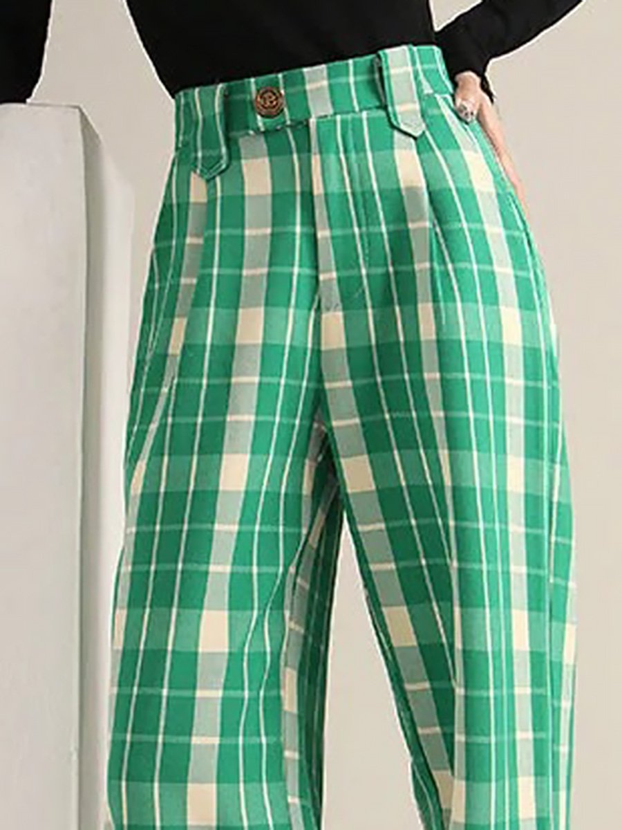 Retro Loose Fashionable Stand-Up Fold-Over Plaid Wide-Leg Pants