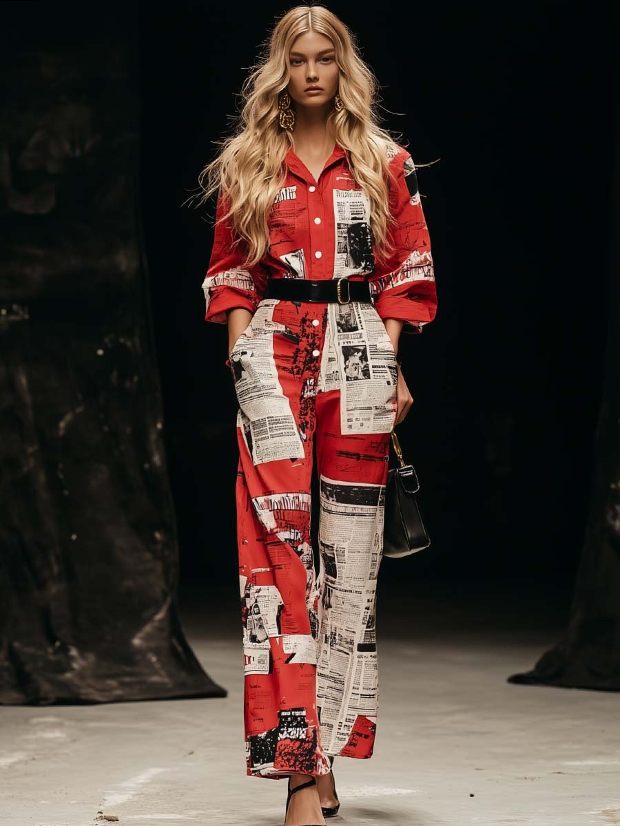 Personalized Trendy Belt Red Newspaper Print Shirt-style Jumpsuit