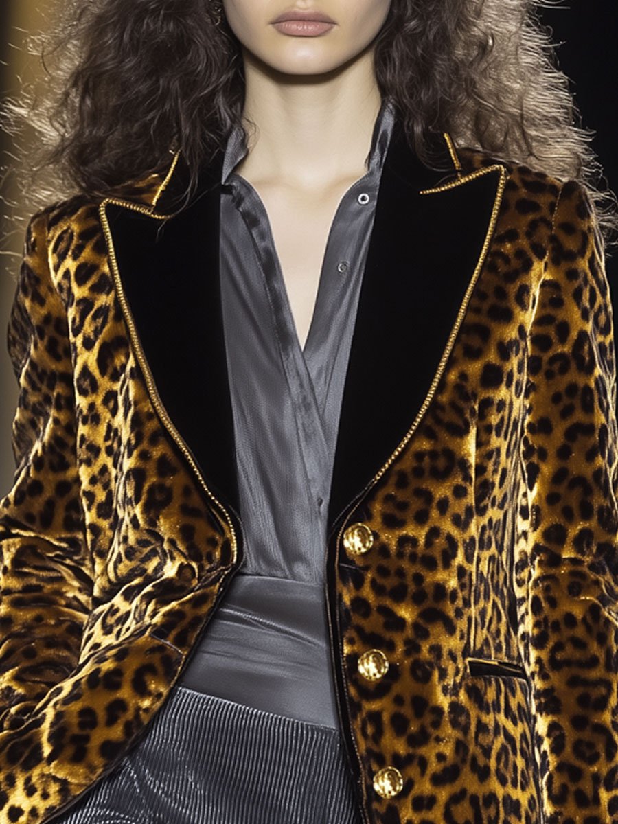 Casual Vintage Velvet Leopard Print Gold Edge Lapel Single Breasted Blazer