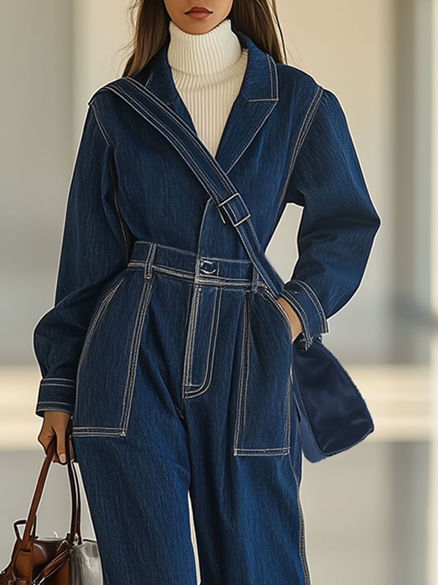 Casual Loose Retro Pocket Topstitched Long Sleeve Denim Jumpsuit