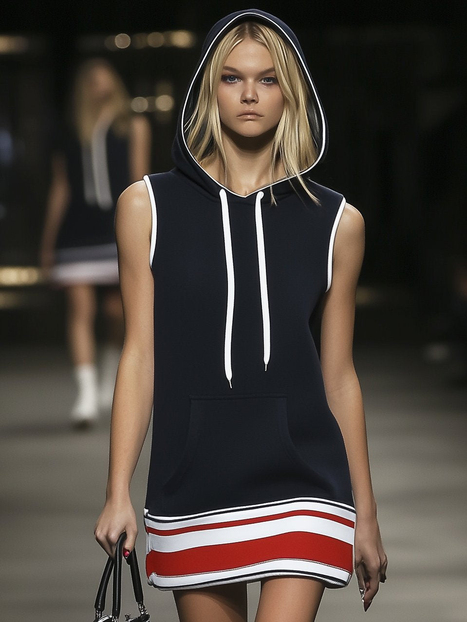 Smart Casual Hooded Striped Sweatshirt Sleeveless Mini Dress