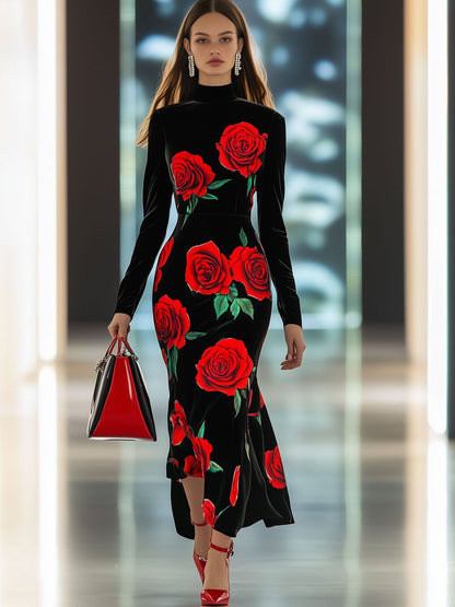 Fashion Retro Black Velvet Red Rose Print Long Sleeve Maxi Dress