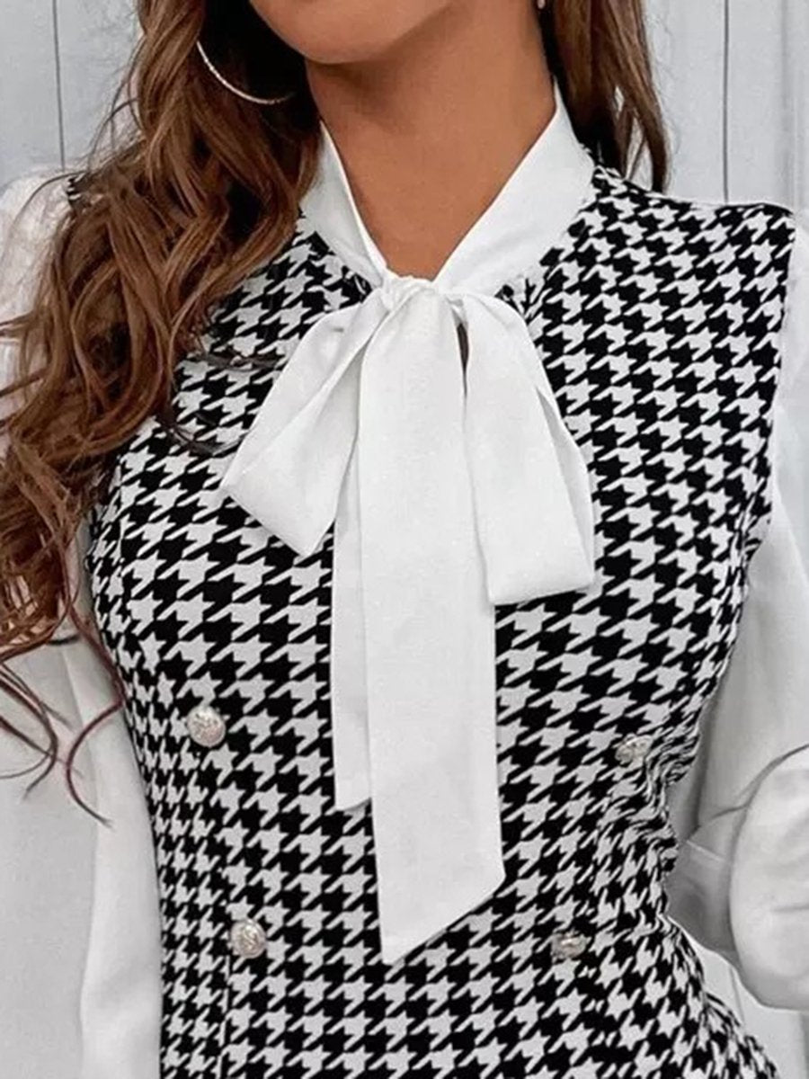 High-End And Fashionable Black And White Plaid Chiffon Ribbon Mini Dress