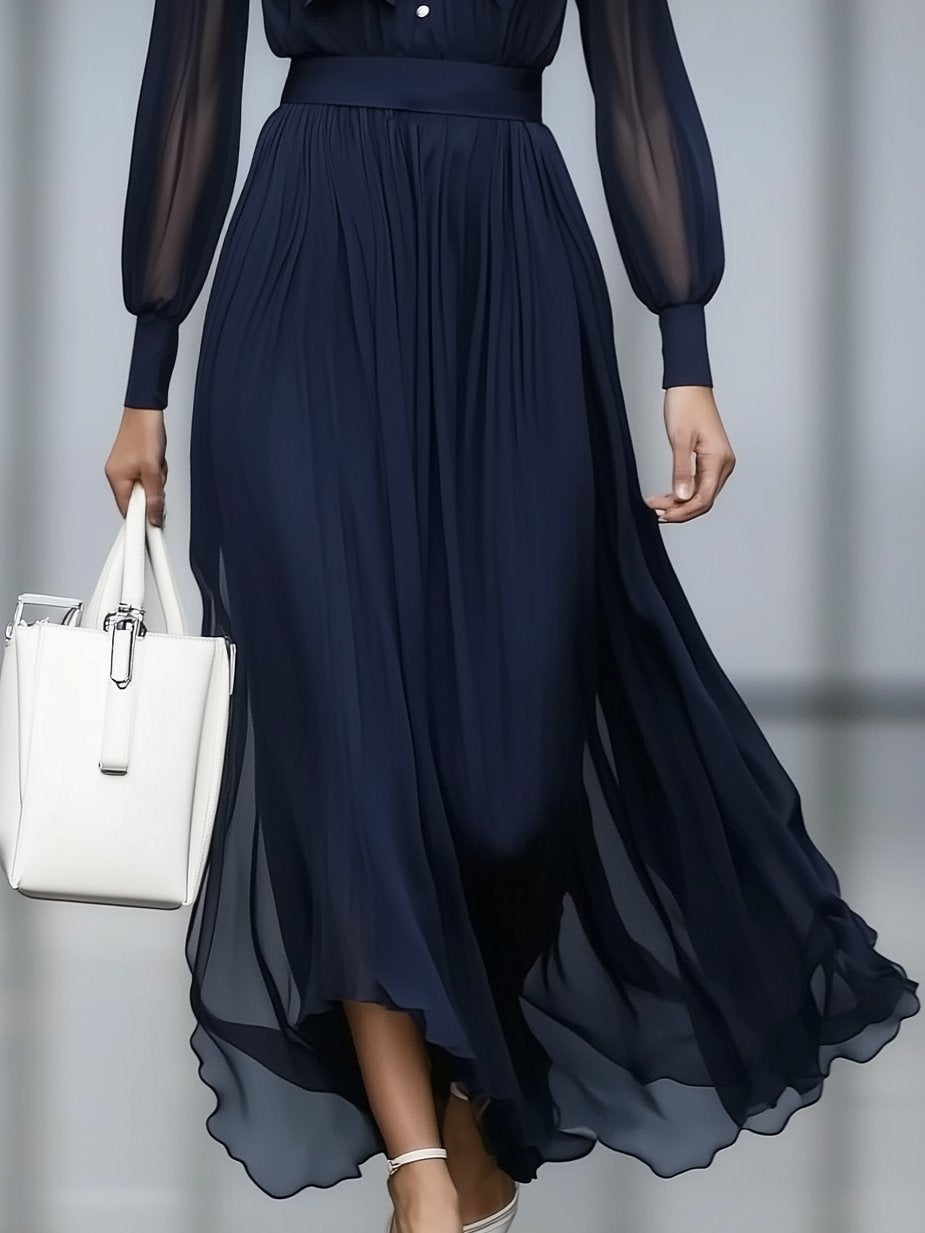 Elegant Deep Sea Blue Ribbon Chiffon Long Sleeve Maxi Dress