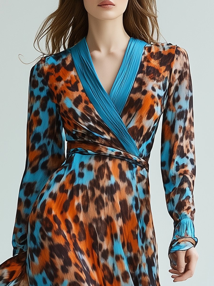 Fashionable High-end V-neck Leopard Print Long-sleeved Maxi Dress