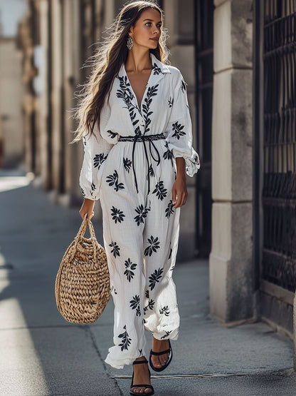 Casual Cotton And Linen Leaf Print Long-Sleeved Tie-Neck Wide-Leg Jumpsuit