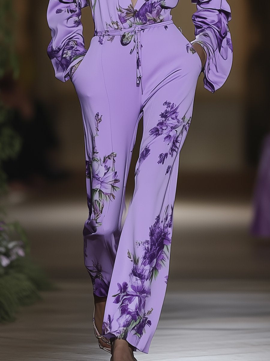 Elegant and Fashionable Purple V-neck Print Wide-leg Long-sleeved Jumpsuit