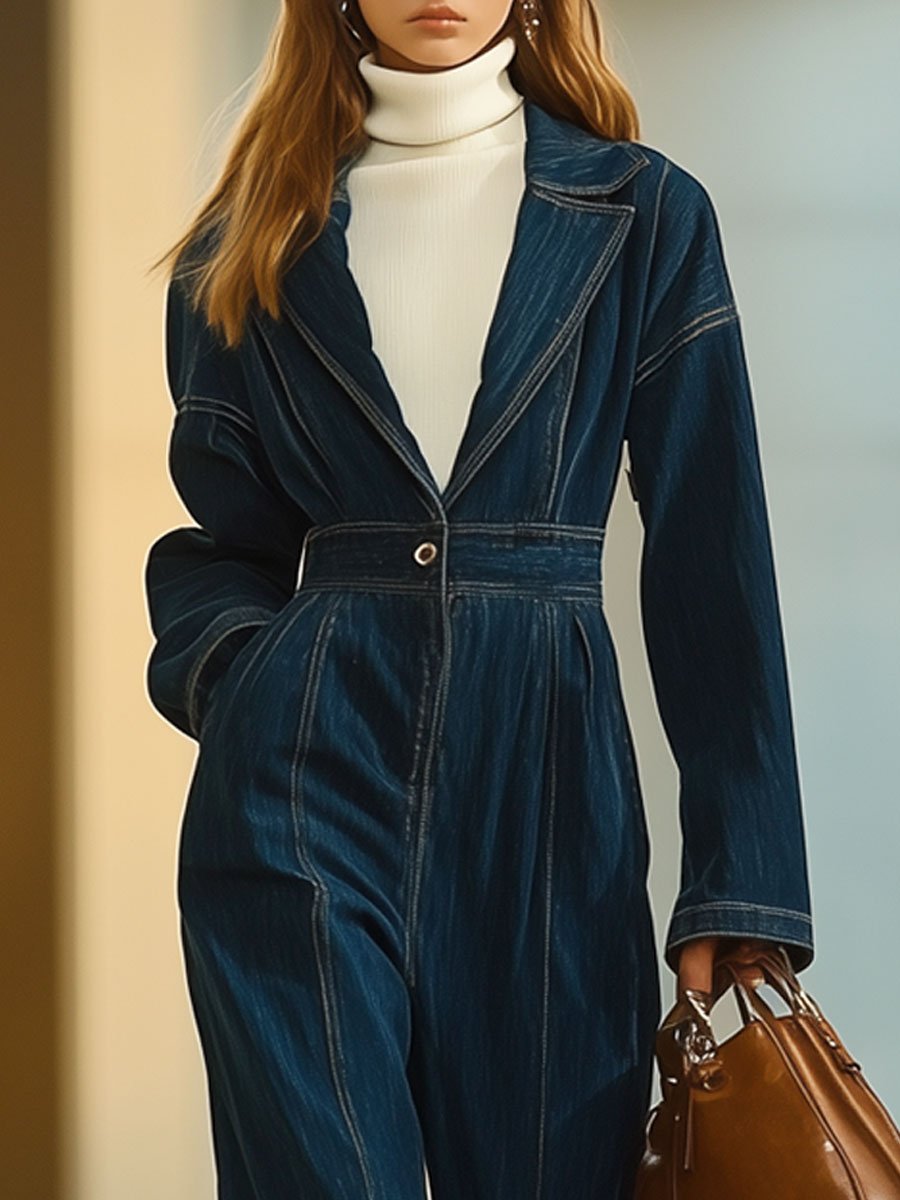 Casual Loose Retro Lapel Pocket Long Sleeve Denim Jumpsuit