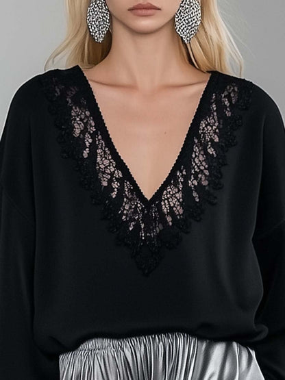 Casual All-match V-neck Lace Stitching Black Satin Loose T-shirt