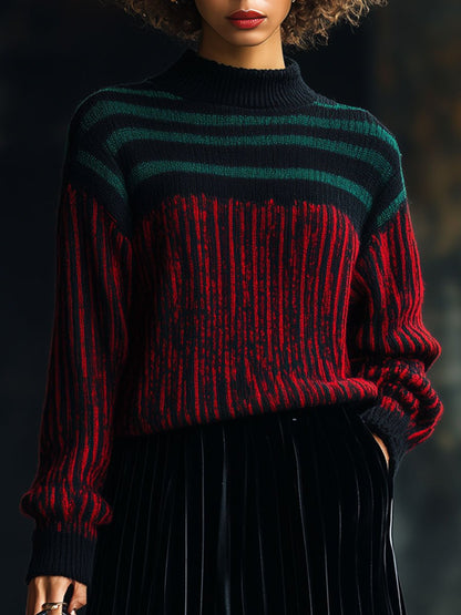 Casual Loose Retro Striped Half Turtleneck Pullover