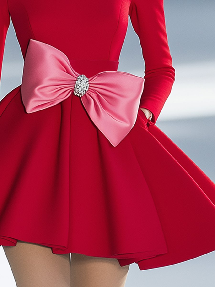 Exquisite and Elegant Pink Bow Red Mini Dress