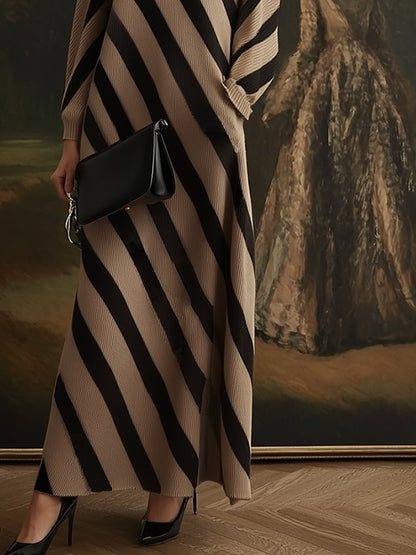 Fashion Loose Striped Knit Khaki Long Sleeve Maxi Dress