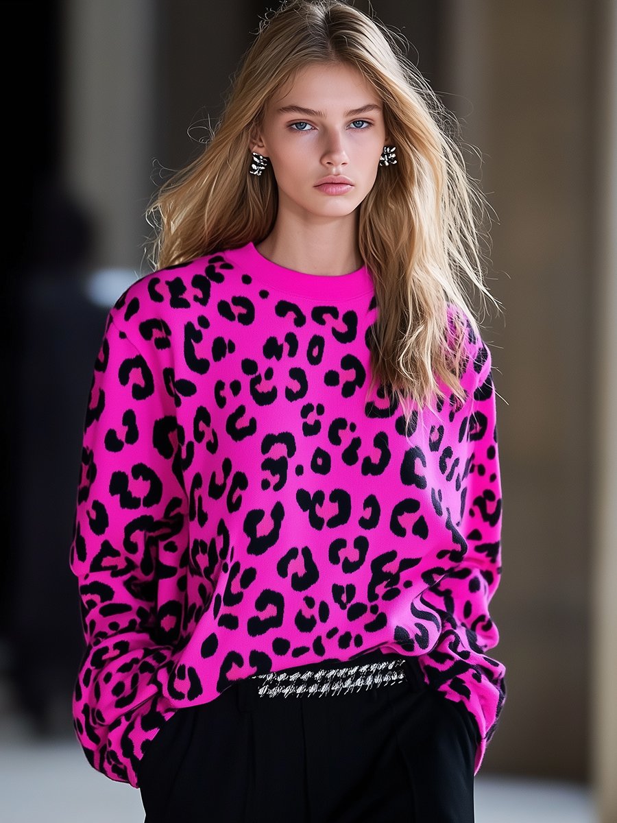 Casual Loose Fashion Bright Pink Leopard Print Sweatshirt