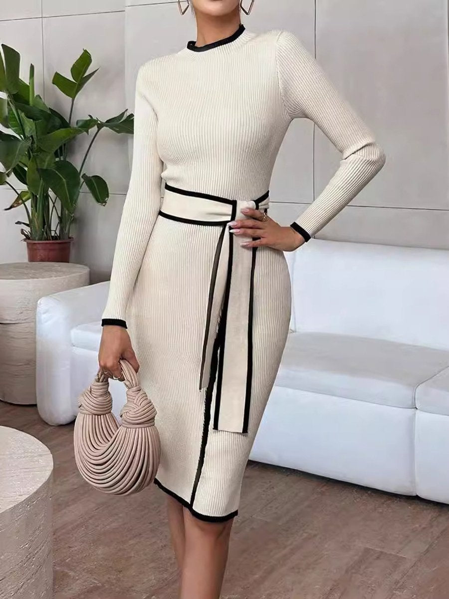 Slim Waist Contrast Color Lace-Up Ribbed Knitted Midi Dress