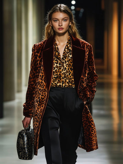 Casual Loose Retro Velvet Leopard Print Colorblock Lapel Suit Coat