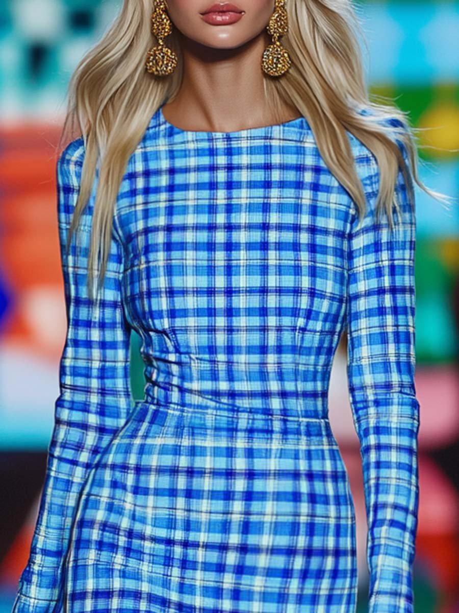 Fashion Round Neck Slim Blue Plaid Mini Dress