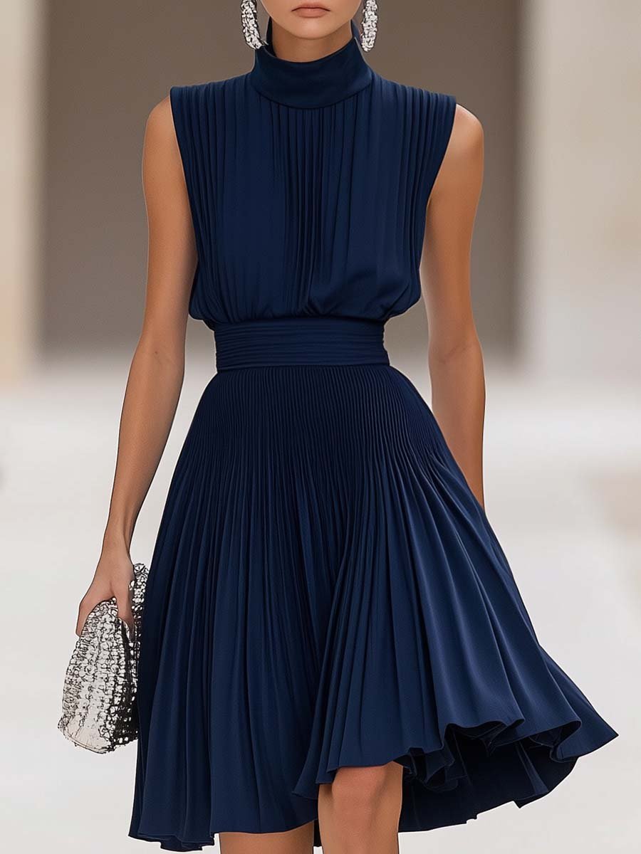 Elegant Half Turtleneck Sleeveless Pleated Navy Blue Midi Dress