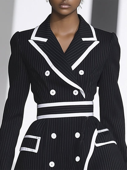 Casual Fashion Black Contrast White Trim Double Breasted Suit Mini Dress