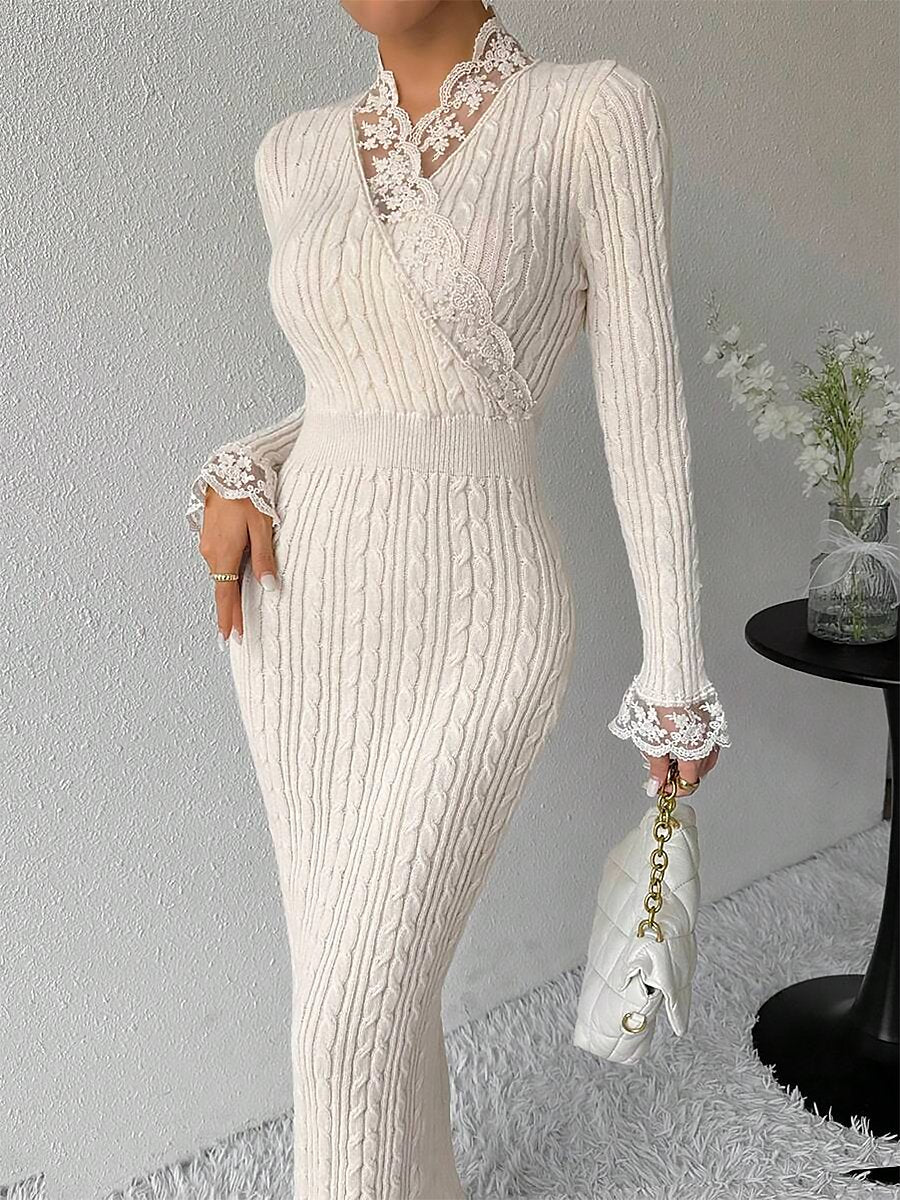 Elegant and fashionable exquisite lace stitching knitted Maxi dress