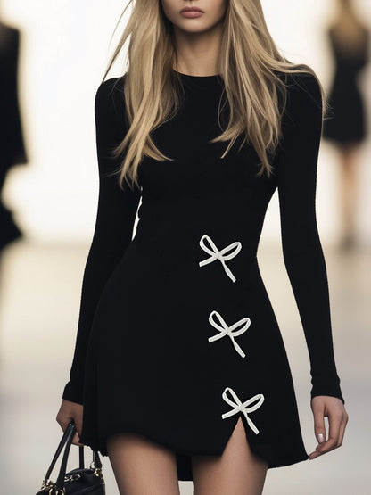 Elegant Embellished Bow Round Neck Black Long Sleeve Mini Dress