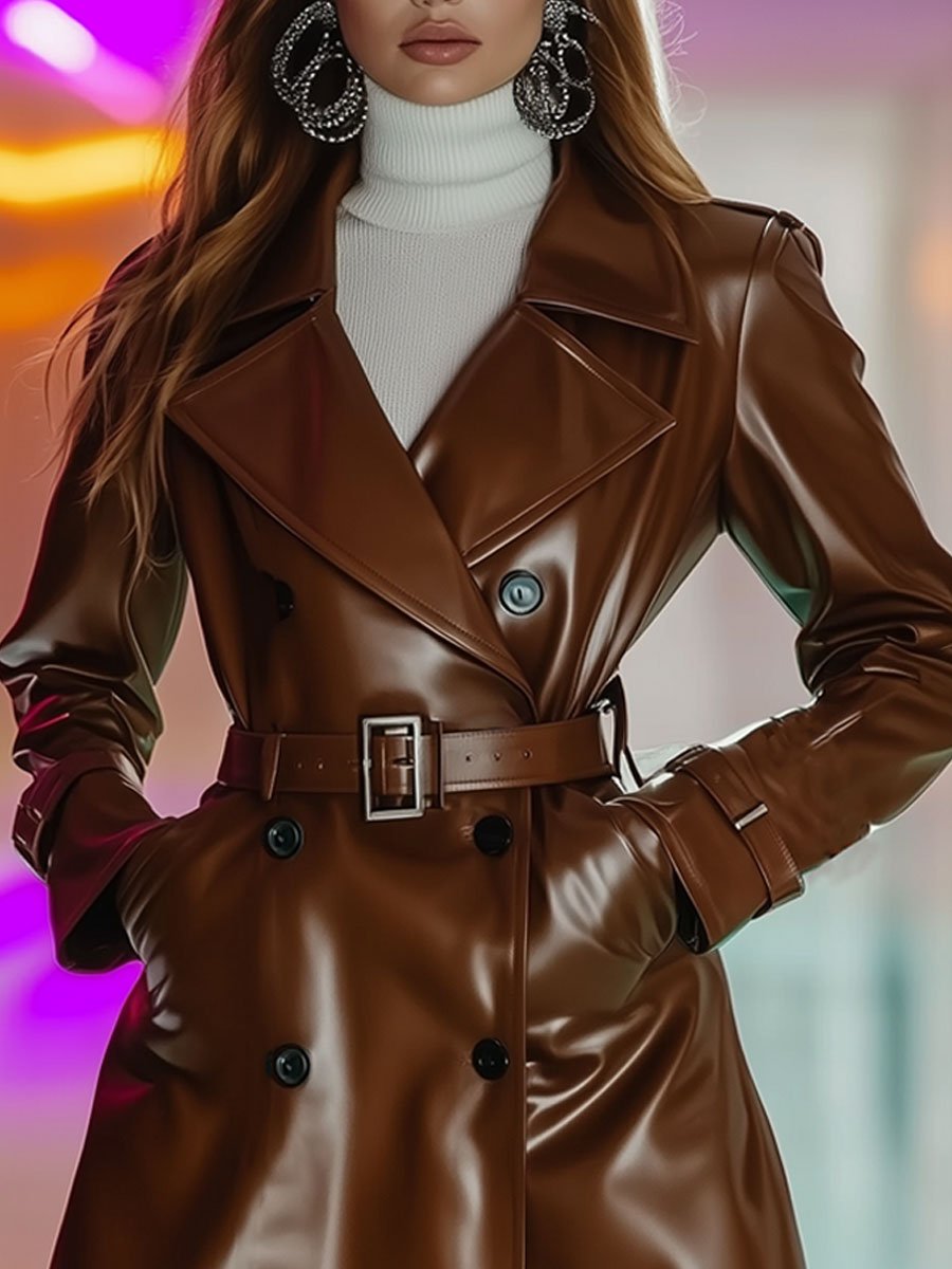 Casual Loose Retro Double-Breasted Lace-Up Eco-Leather Mid-Length Trench Coat